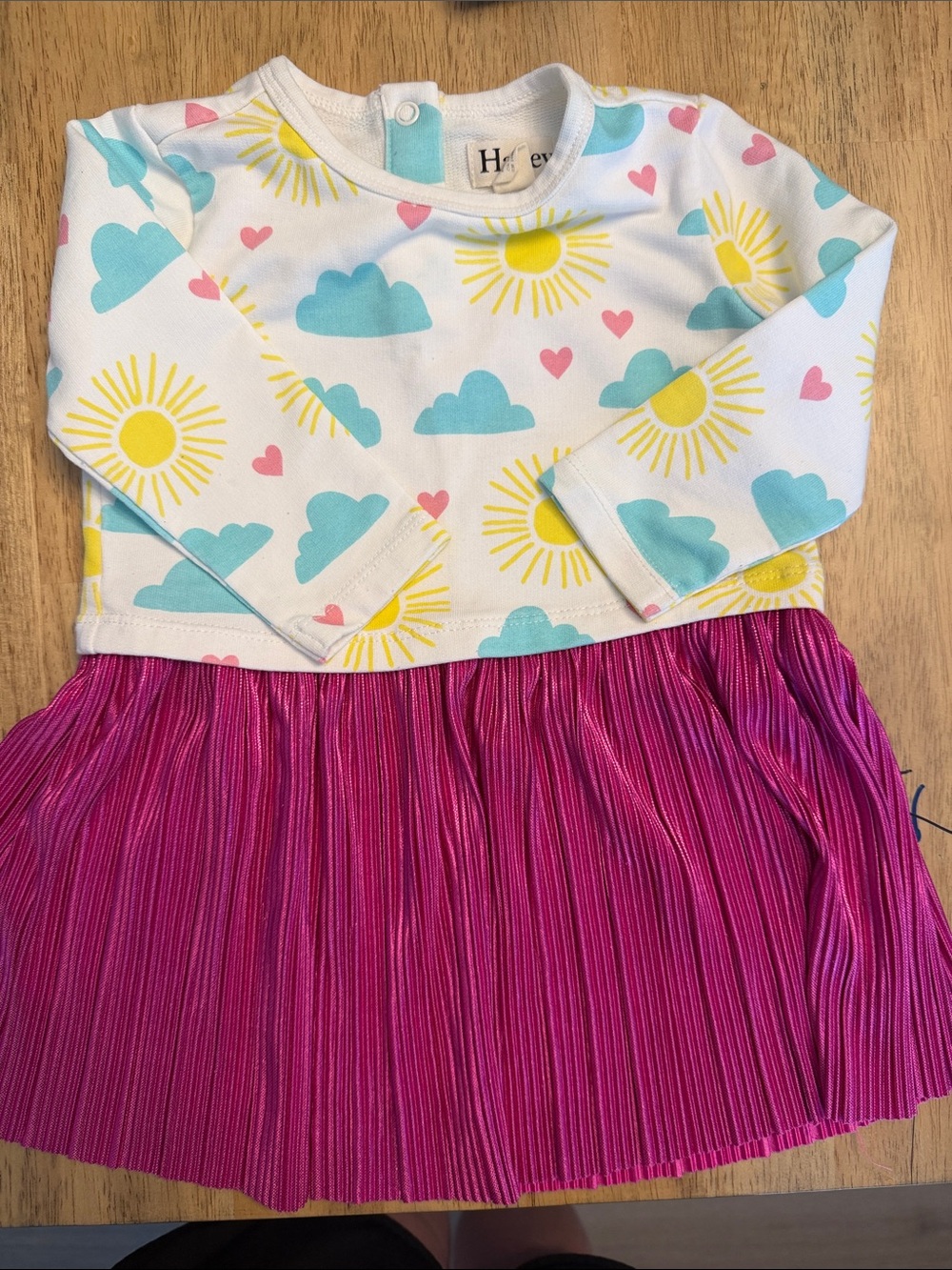 Hatley White Top with Yellow Sun & Blue Cloud Print and Pink Pleated Skirt